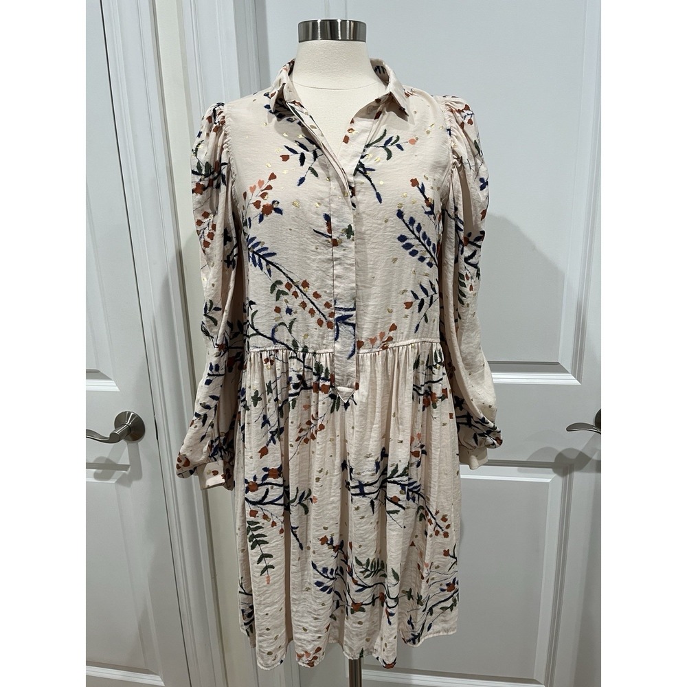 Munthe Sofia Dress Botanical Print Metallic Accents Tiered Size 38 US‎ Size 8